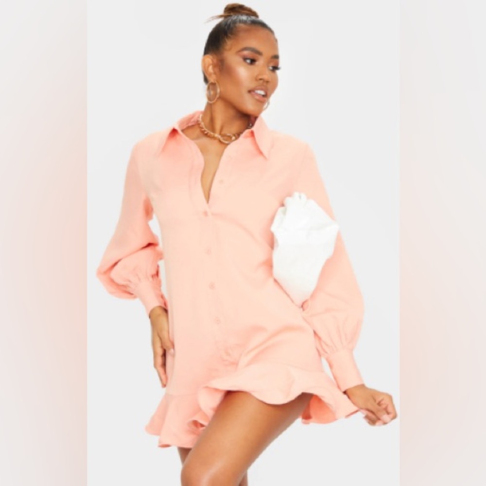 Peach Frill Hem Shirt Dress